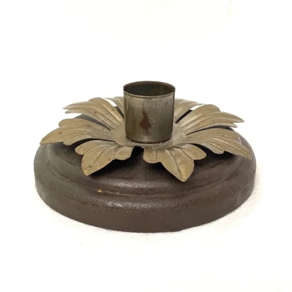 Vtg Wood & Metal Taper Candlestick Holder Flower Brown Antique‎ Brass Toned